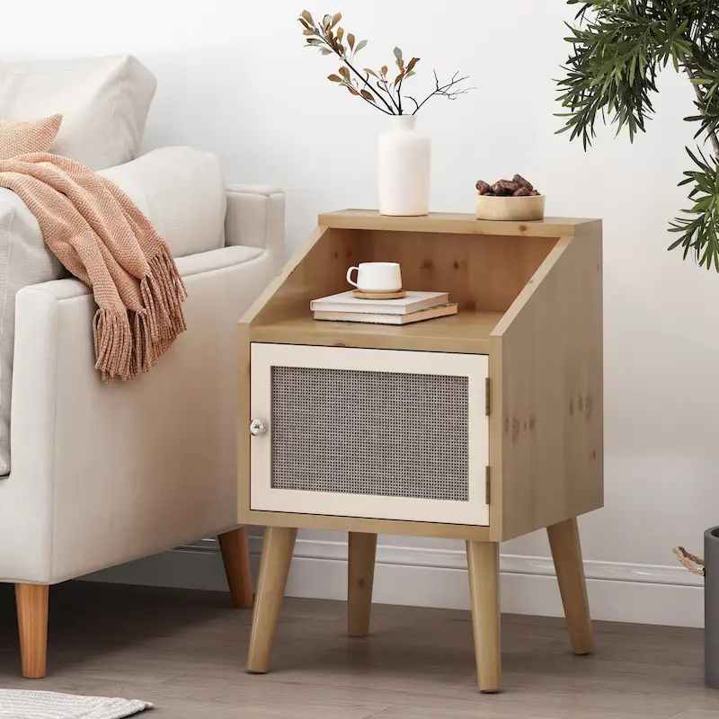 Merlack Contemporary End Table with Hutch – Rattan Accent Side Table with Cabinet Storage
