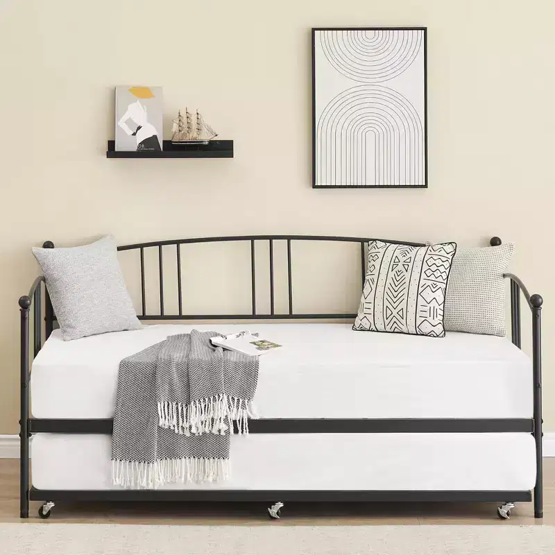 Twin Daybed [with Trundle]  Sturdy Metal with Steel Slat Support, Arched Headboard, Sofa Bed  for Living Room, Bedroom, Guest Room  [Color]