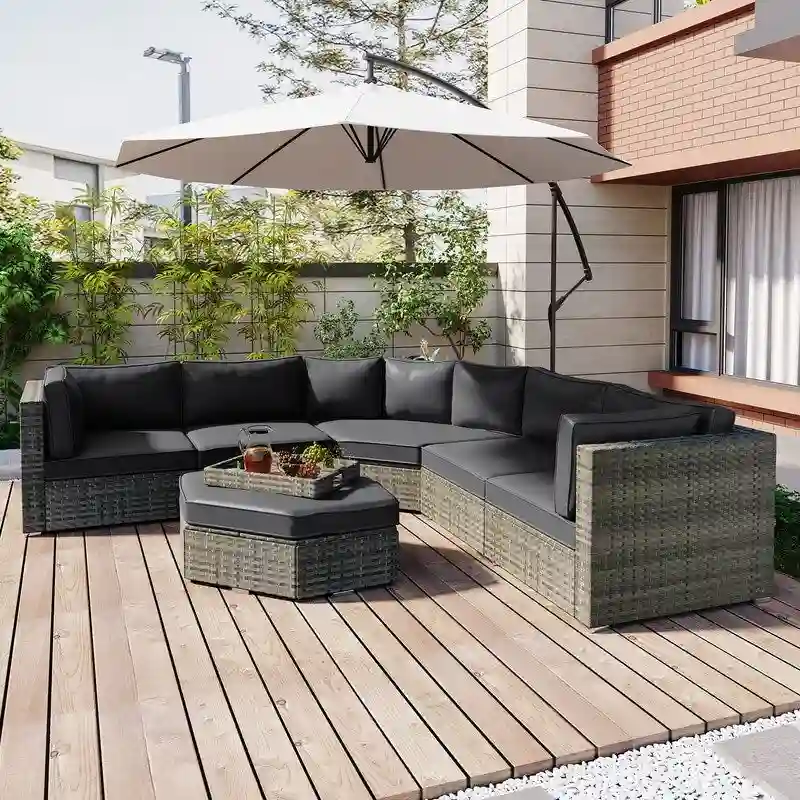 6 Piece Outdoor Conversation Set with Ottoman and Cushions and Small Trays
