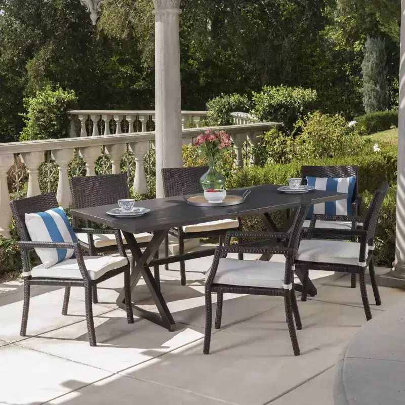 Christopher Knight Home Alani Outdoor Wicker and Aluminum 7 Piece Dining Set with Cushion, Multibrown/Cream White
