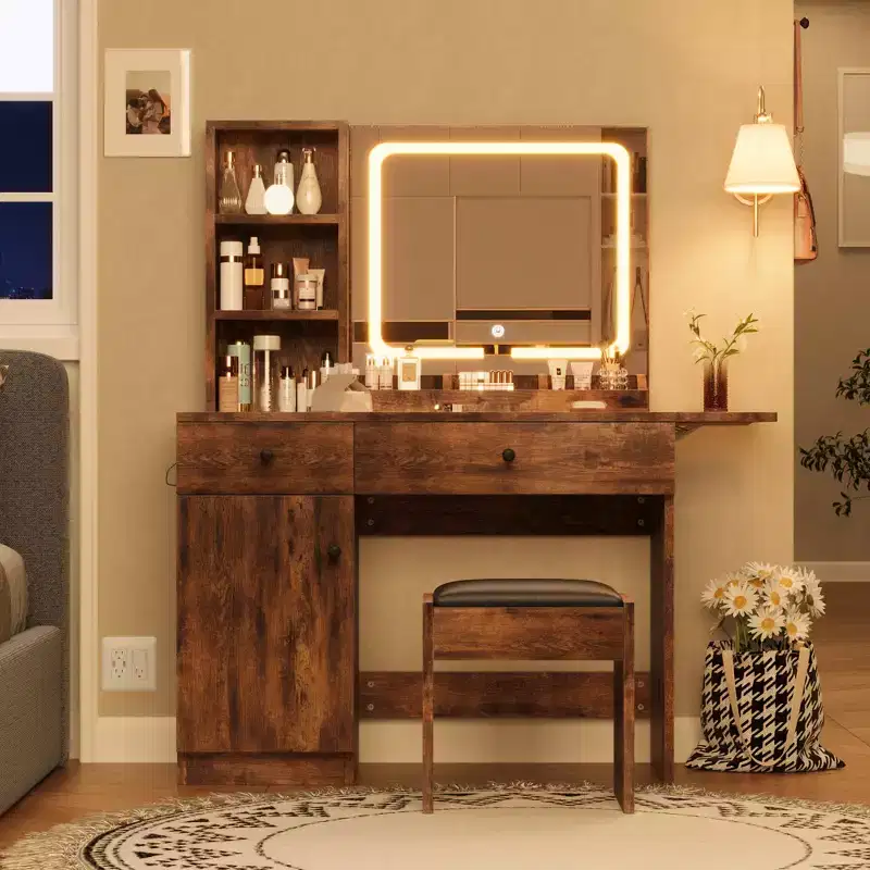 Makeup Vanity Desk with Mirror and Lights, Vanity Table Set with Drawer Chair & 3 Shelves, Bedroom, Brown