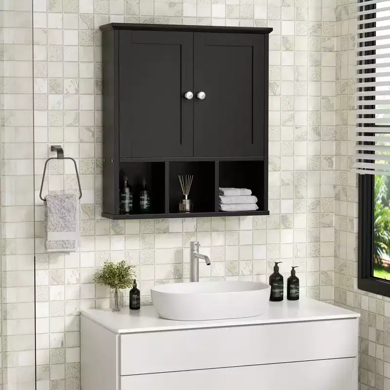 Bathroom Medicine Cabinet Wall-Mounted with 2 Doors & Open Shelf for Organized Storage