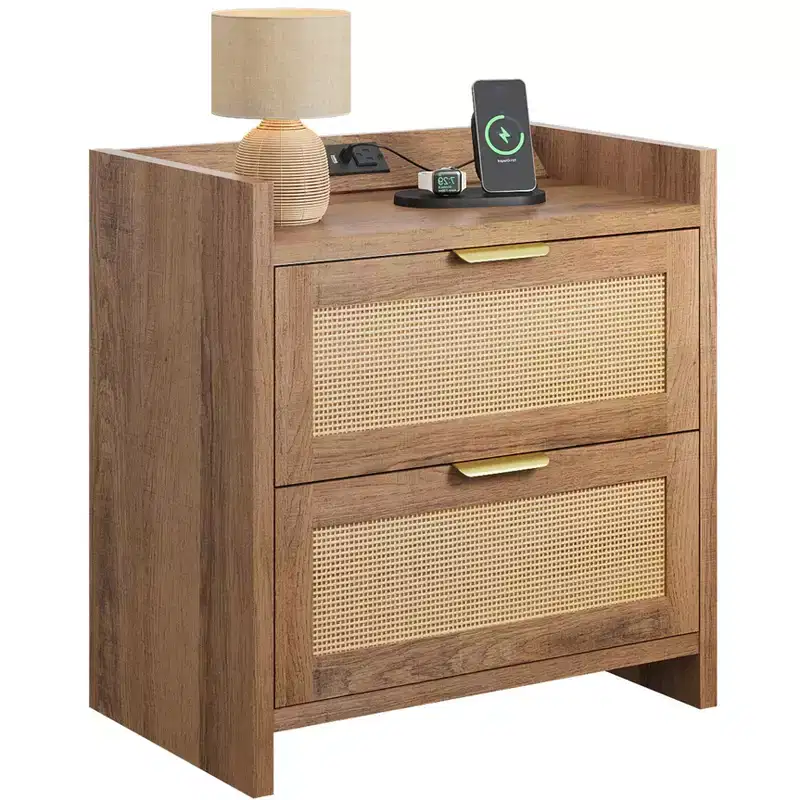 GALAXHERO Rattan Nightstands, Night Stand with Charging Station Boho Bed Side Table with 2 Drawers, End Tables Bedroom, Living Room