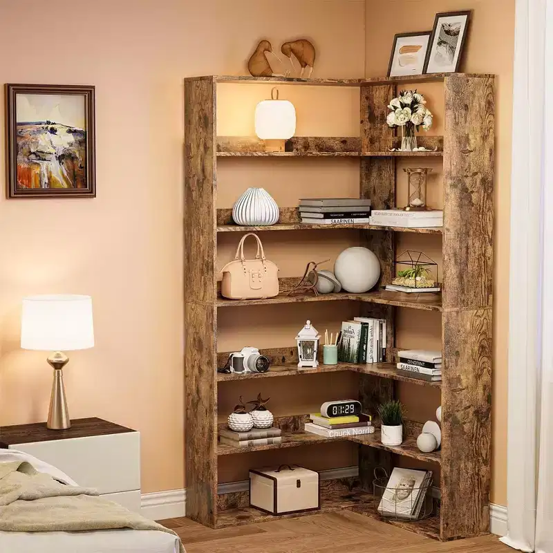 Industrial Corner Bookcase - 6-Tier Heavy Duty L-Shaped Storage Unit with Baffles & Wood Shelves, 80lb/Shelf Capacity for Home Office
