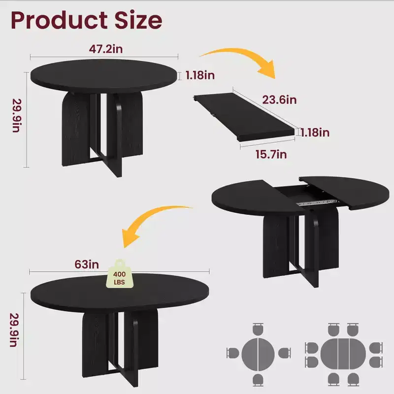 47-63 Extendable Round Dining RoomTable for 4-8, Farmhouse Wood Expandable Kitchen Table w/Wider Leg, Sturdy Metal Frame, Oval Circle, Space Save