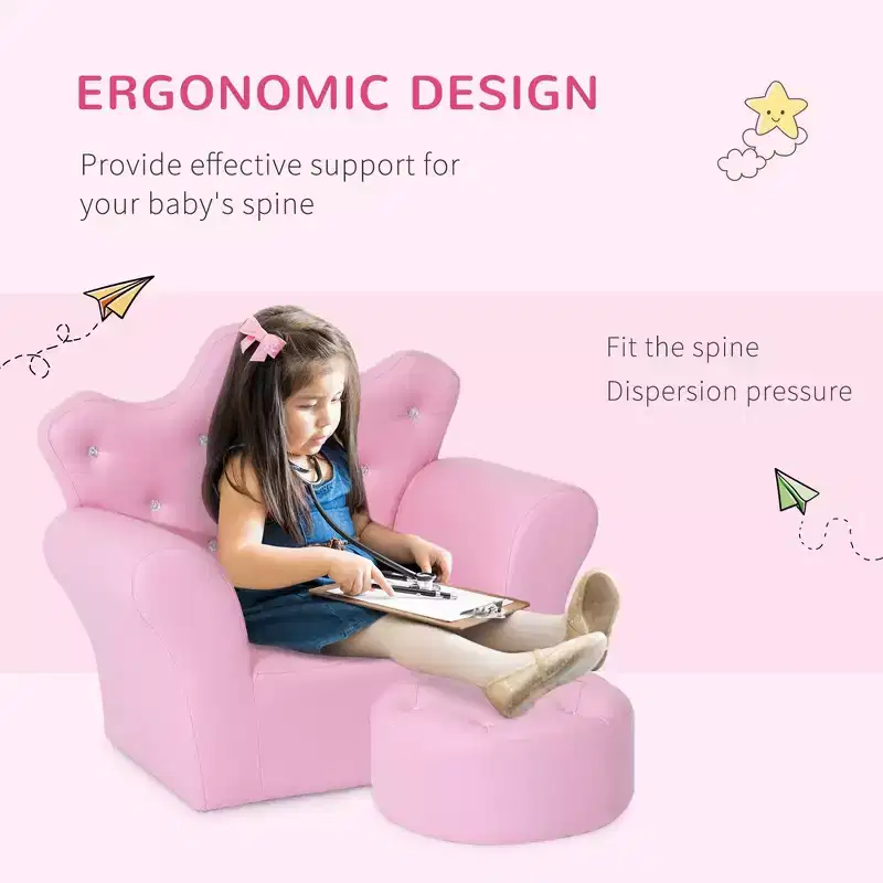 Kids Princess Sofa Chair with Crown Backrest and Matching Footstool Pink