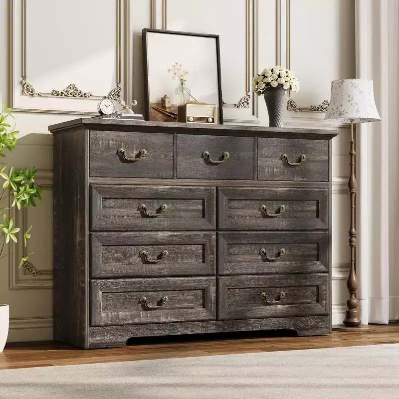 9-Drawer Farmhouse Dresser with Distressed Wood Finish