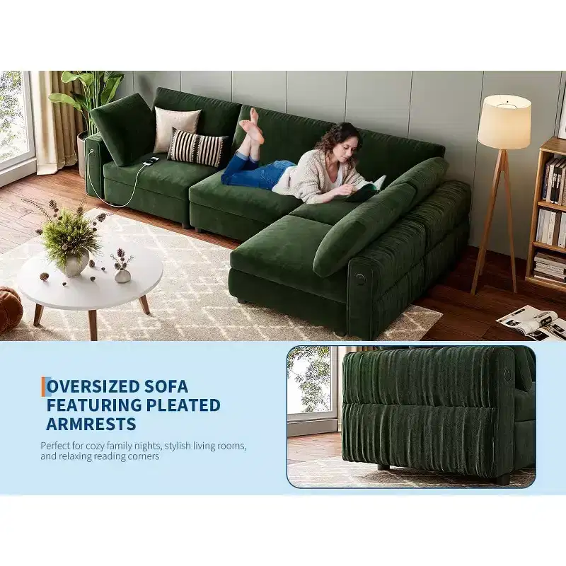 105 Modular Sectional Sofa - L-Shaped Velvet Couch with USB Charging (Emerald Green)