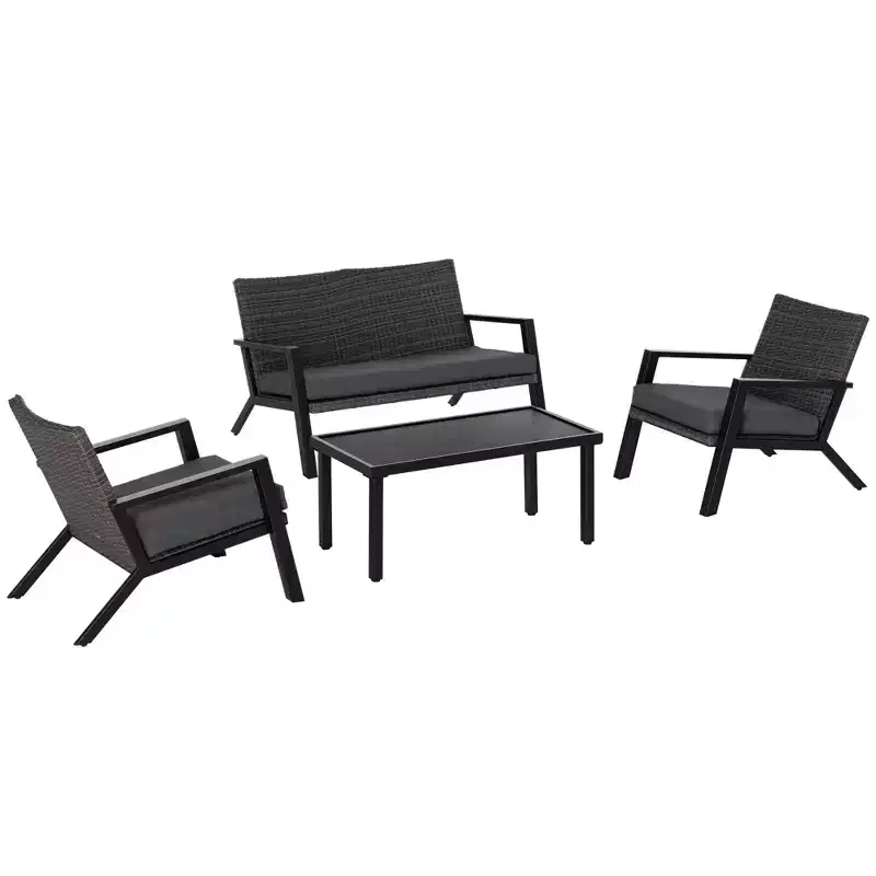 4 Piece Patio Furniture Set, 2 PE Wicker Chairs, Loveseat Sofa, Outdoor Coffee Table, Soft Cushions, Couch & Armchairs for Backyard, Garden