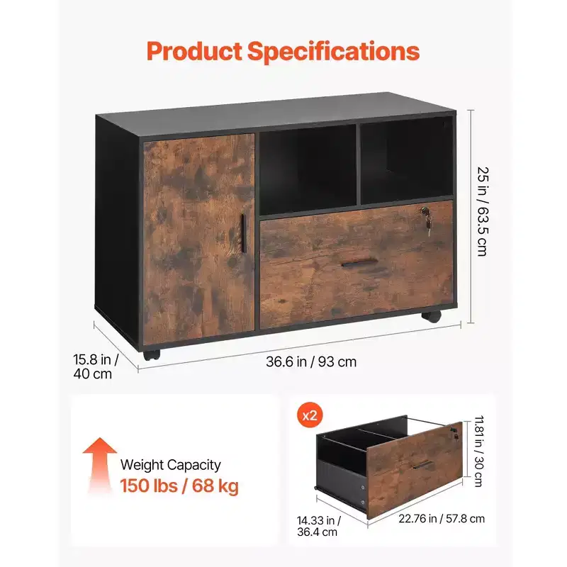 Mobile Wood File Cabinet with Open Shelves Locking Drawer Rolling Printer Stand Rustic Brown