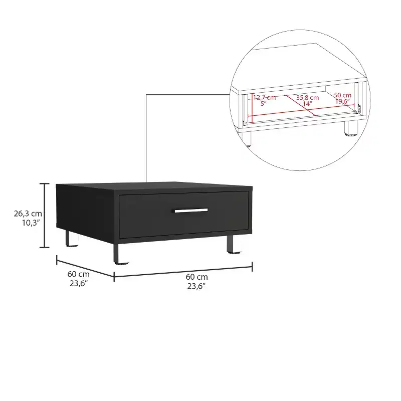 Square Coffee Table with Drawer, Four Legs - Black