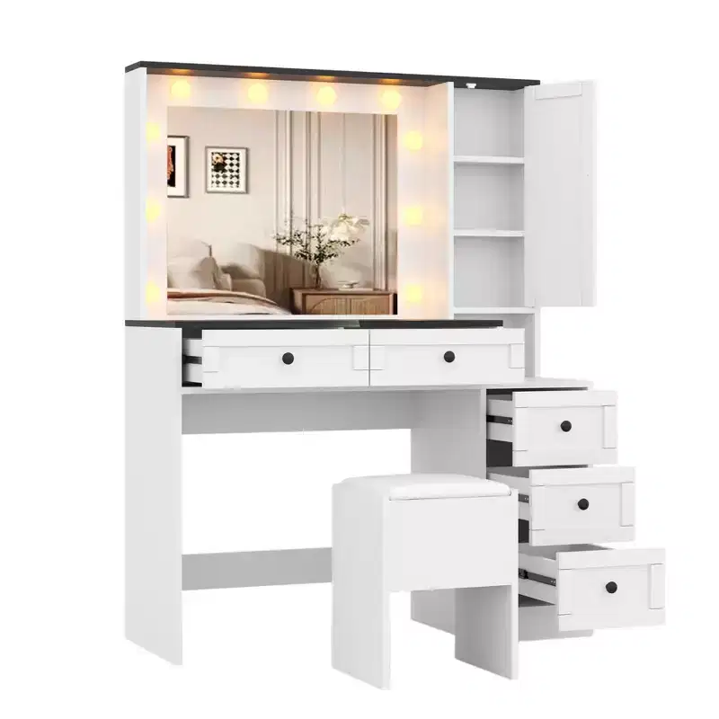 Modern White Vanity table set, featuring a farmhouse style, a vanity table and upholstered stool, a mirror, six drawers, and a cabinet with doors
