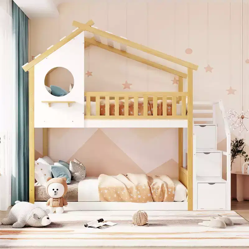 Stairway Twin-Over-Twin Bunk Bed,House Bed,Storage and Guard Rail,Natural Bed +White Stair