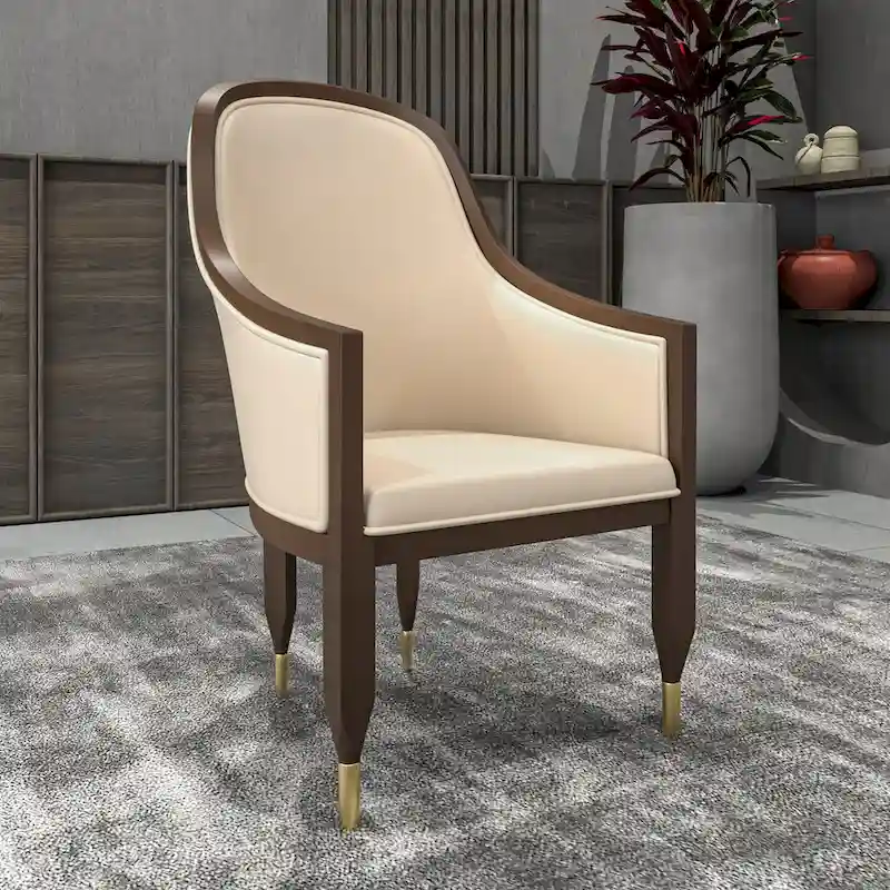 Leather Dining Chair with Arms with Rubberwood Frame Belle Series by LeisureMod