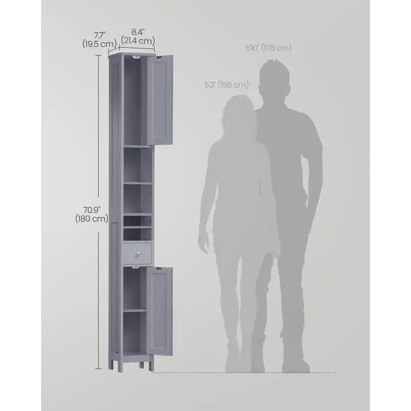 Tall Slim Freestanding Bathroom Storage Cabinet with Adjustable Shelves, Drawer & Open Compartments, Dove Gray