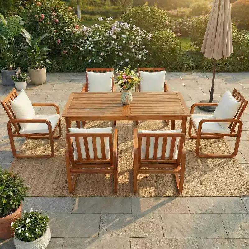 Whisen 7-Piece Outdoor Wood Dining Set, Patio Kitchen Garden Dining Seating Set, Rectangle Dining Table & 6 Chairs with Removable Cushions