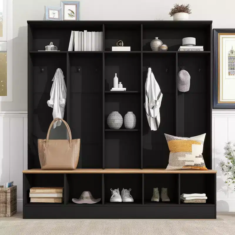 CLIHOME Wide Design Hall Tree with Storage Bench, Minimalist Shoe Cabinet with Cube Storage & Shelves