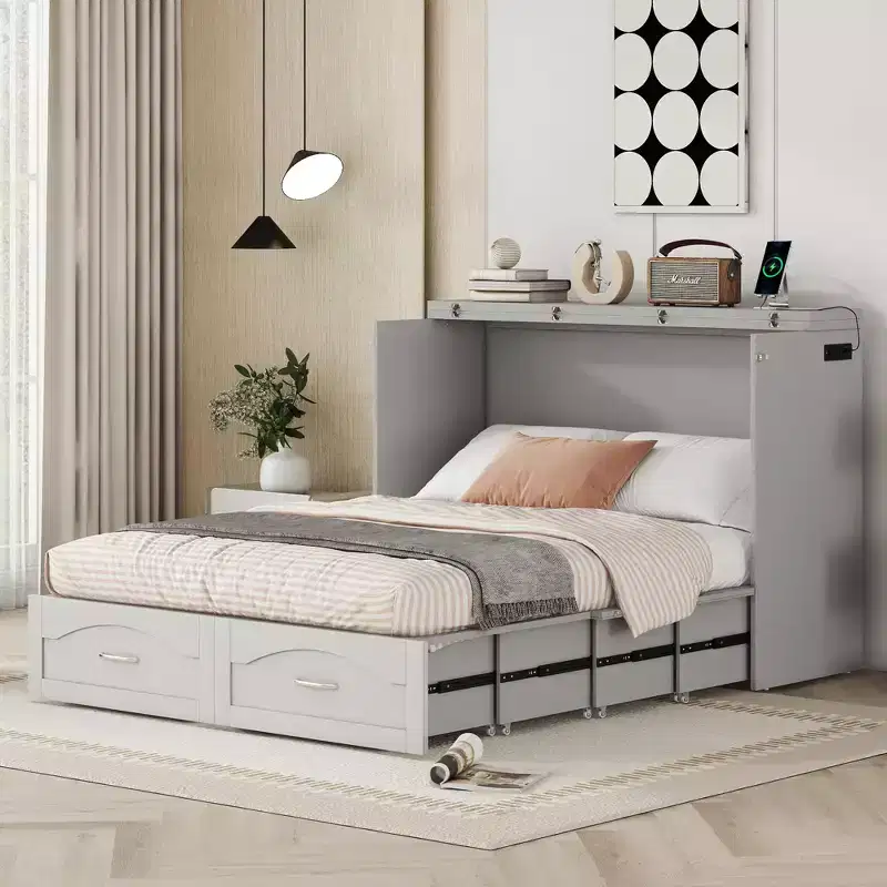 Whisen Pulley Structure Design Murphy Bed, Folded into a Cabinet with Drawer and USB Ports