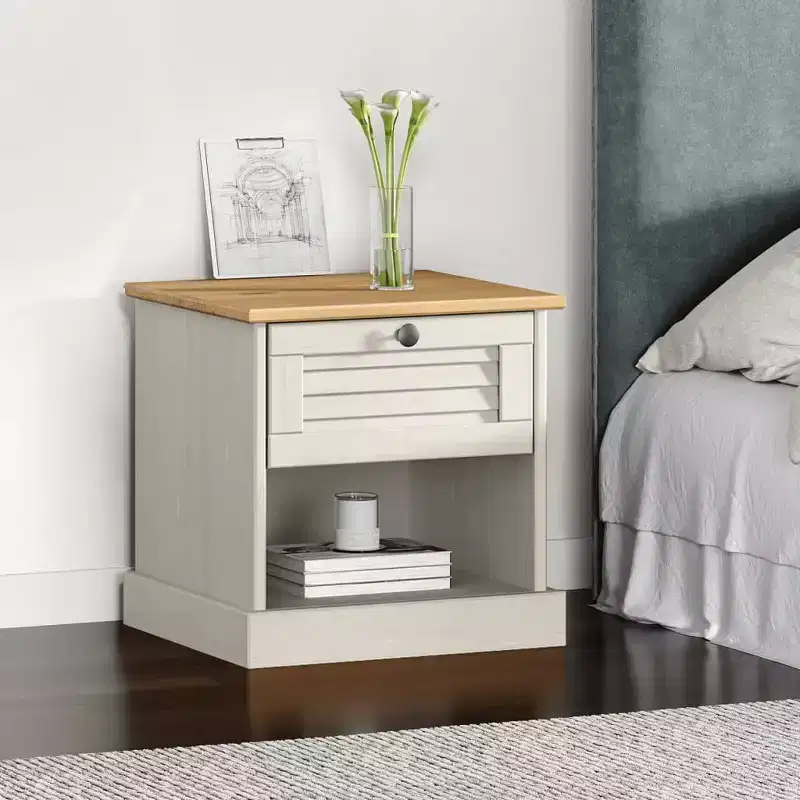 White Rustic Bedside Cabinet, Solid Pine Wood with Drawer and Shelf