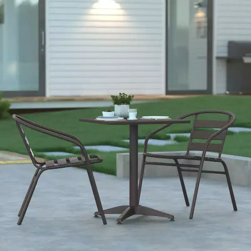 Emma and Oliver 23.5'' Square Aluminum Indoor-Outdoor Table Set with 2 Slat Back Chairs