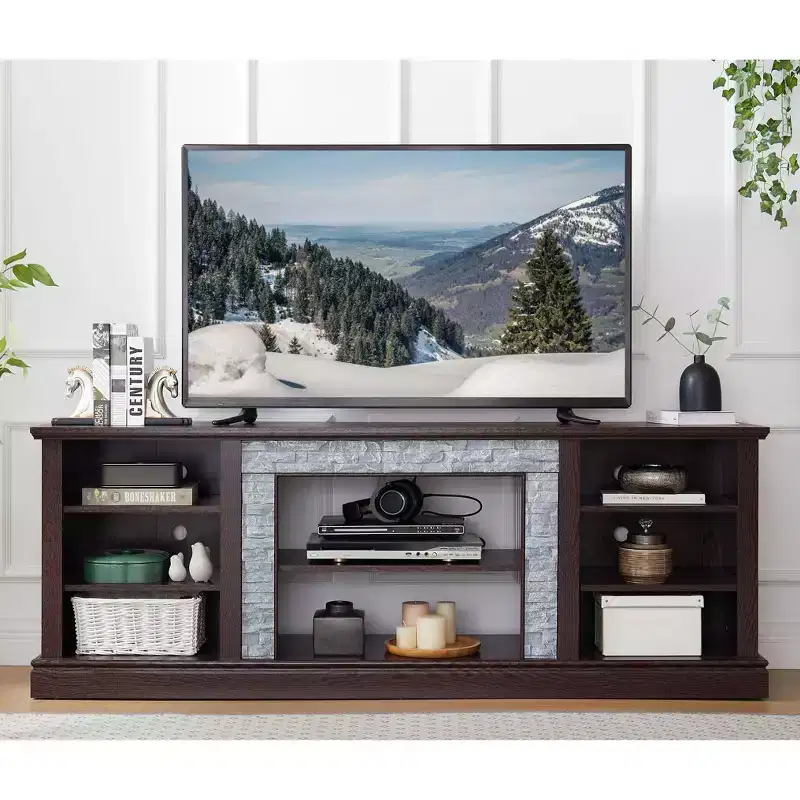 TUYOHW TV Stand for TVs up to 75 Inches,Farmhouse TV Media Console Table with Faux Stacked Stone Surround and Open Shelves