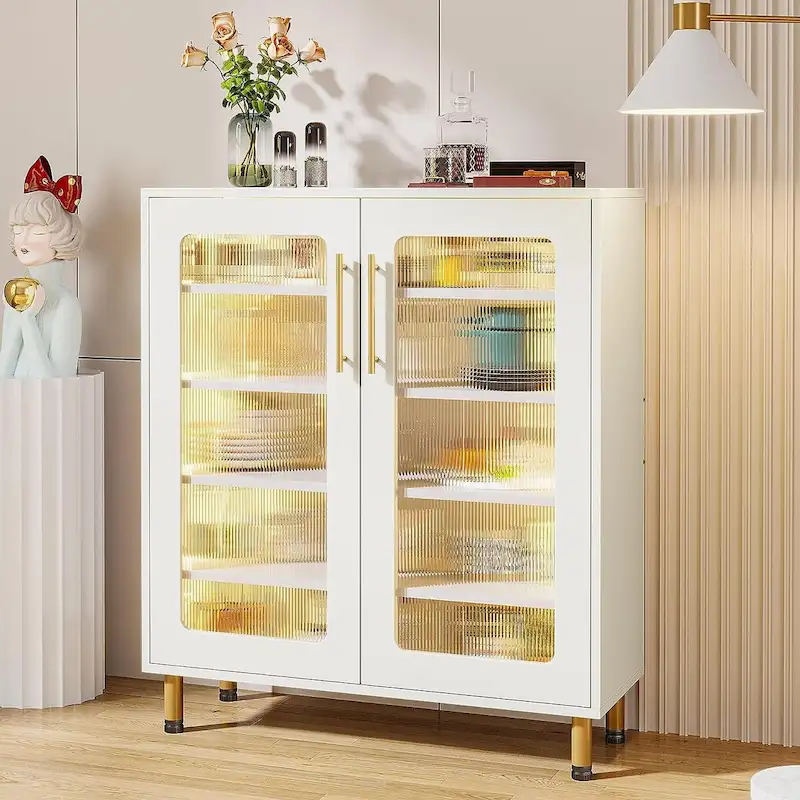 5-Tier Buffet Cabinet with Acrylic Doors & LED Lighting – White, MDF, Metal Legs, Remote Control