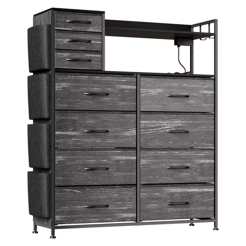 55 Storage Cabinet Dresser with 8+3 Fabric Drawers, 4 Side Pockets, LED Lights & Charging Station for Bedroom