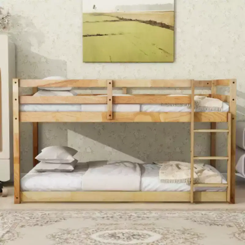 Twin over Twin Bunk Bed with Ladder and Reinforced Slat Platforms