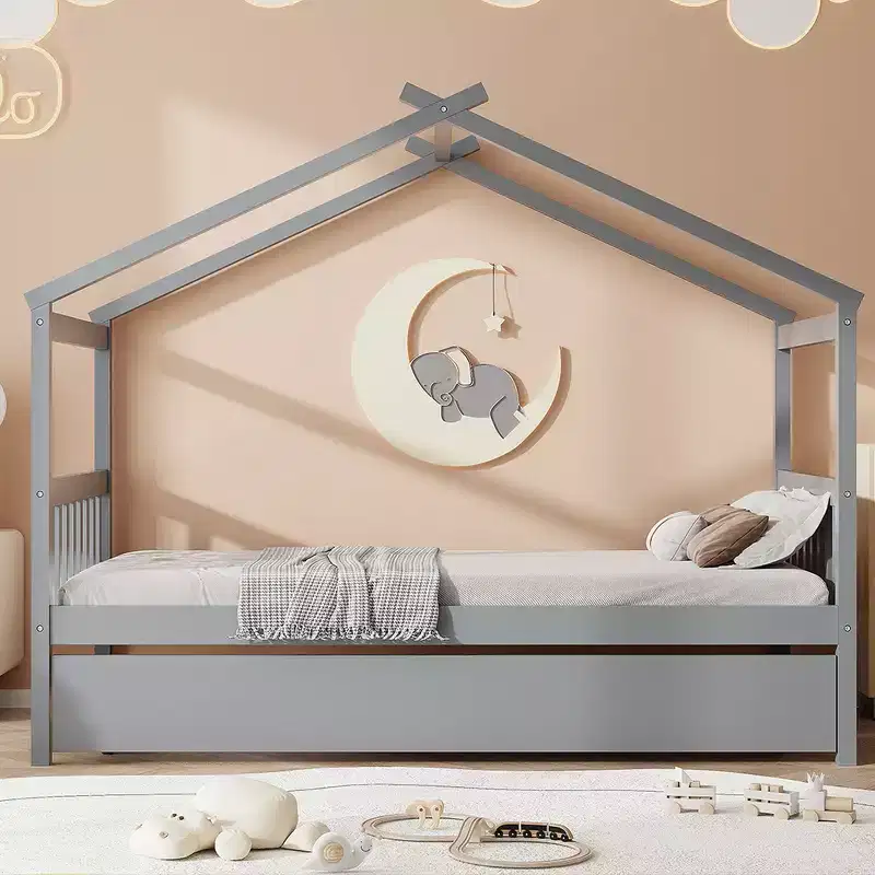 n Twin Size Wooden House Bed with Twin Size Trundle