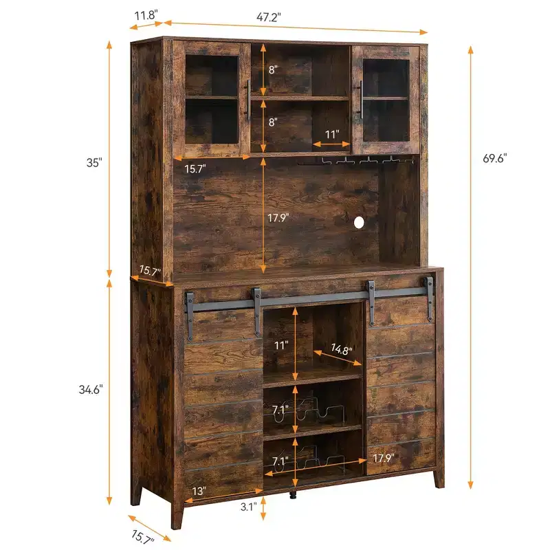 Farmhouse Bar Cabinet with Sliding Barn Door, 70 Rustic Buffet Cabinet with Storage Shelves, Wine and Glasses Rack, for Kitchen, Dining Room