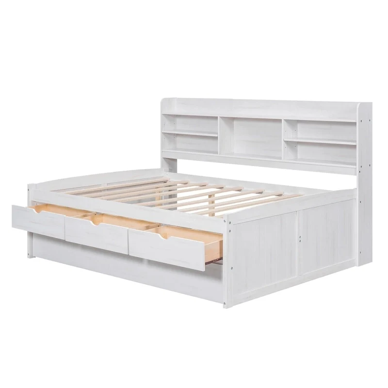 Full Pine Captain Bed with Shelves, Drawers & Trundle