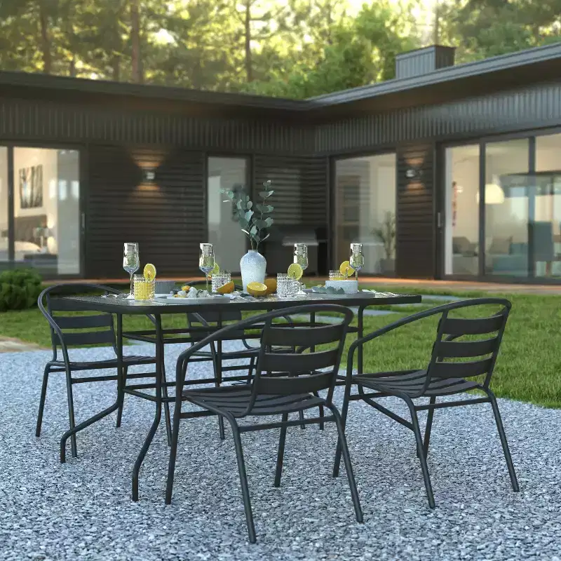 Flash Furniture 5 Piece Outdoor Patio Dining Set - 55 Tempered Glass Patio Table with Umbrella Hole, 4 Black Metal Aluminum Slat Stack Chairs