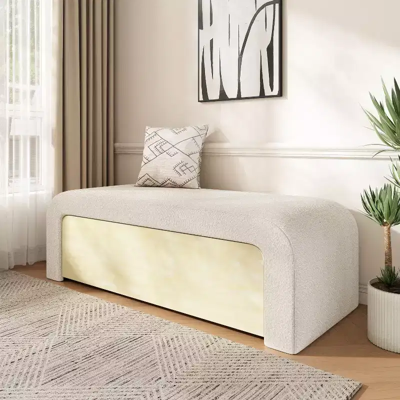 Sleek Curved Ottoman Bench with Drawer, Plush Boucle End-of-Bed Storage Bench, 300lbs Capacity, Light Brown/White