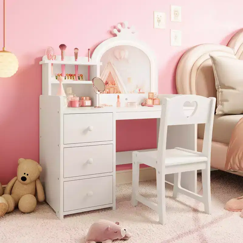 2-in-1 Girls Vanity Table & Study Desk with Lights & Mirror  Kids Wooden Makeup Vanity Set with Storage Shelves, Drawers&Chair, Perfect for Dressing