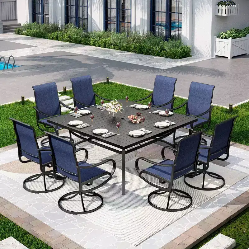 Captiva Designs 9pc Outdoor Slat-top Square Metal Dining Table and Sling Swivel Chairs