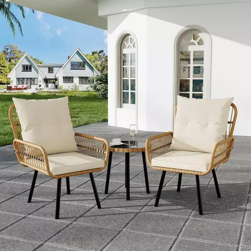 Wicker Patio Bistro Set, 3 Piece Outdoor All-Weather Rattan Dining Chairs with Glass Top Table and Cushions