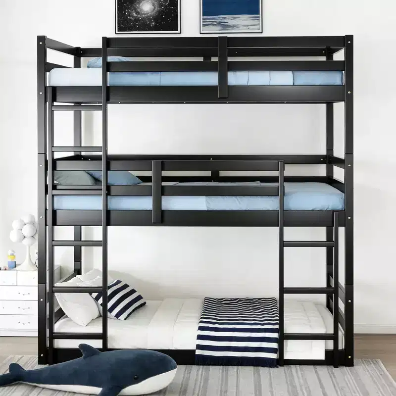 Twin Triple Wood Bunk Bed with 2 Built-in Ladders