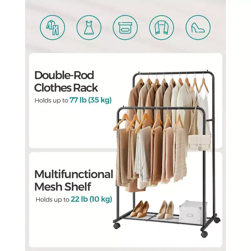 Double - Rod Clothes Rack with Wheels - Heavy - Duty, 2 Brakes, Mesh Storage Shelf. Each Top Rail Holds 77 lb, Ideal for Hanging Clothes