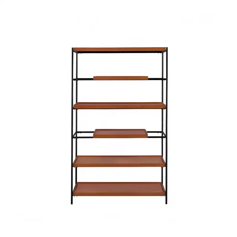 Oak & Black 6-Tier Open-Back Etagere Bookcase