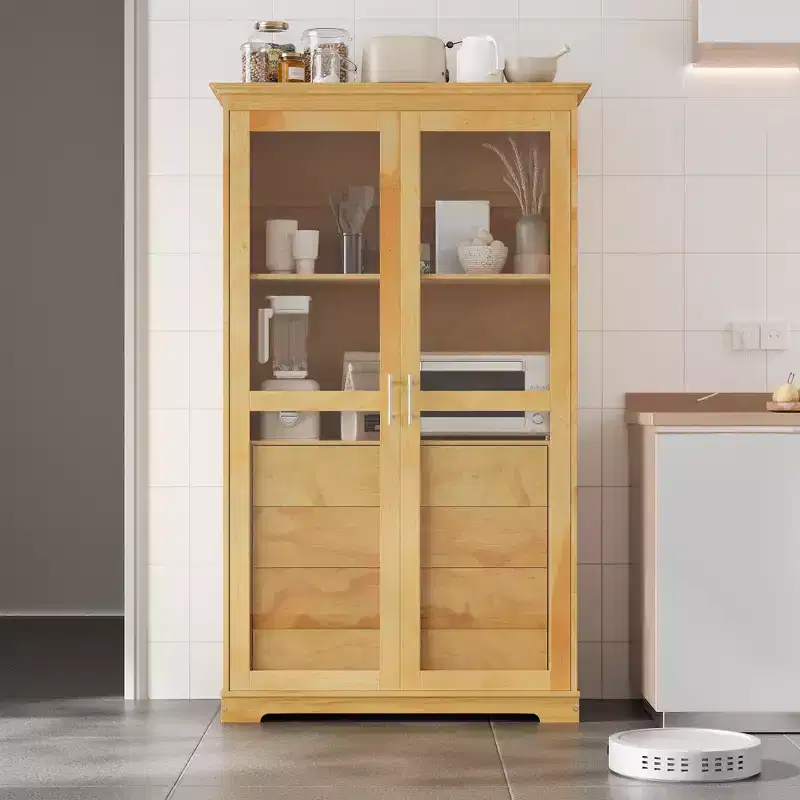Large Pine Wood Kitchen Pantry Cabinet with Glass Doors and 4 Drawers, 44.7W x 20D x 75H in.