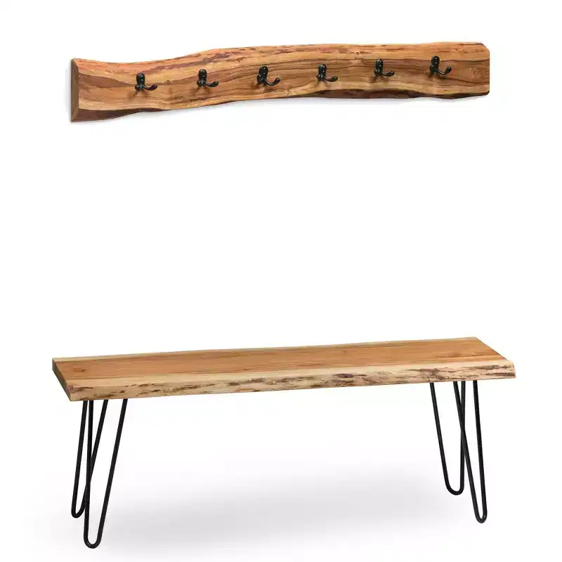 48 Hairpin Live Edge Wood Bench with Coat Hook Set Natural - Alaterre Furniture