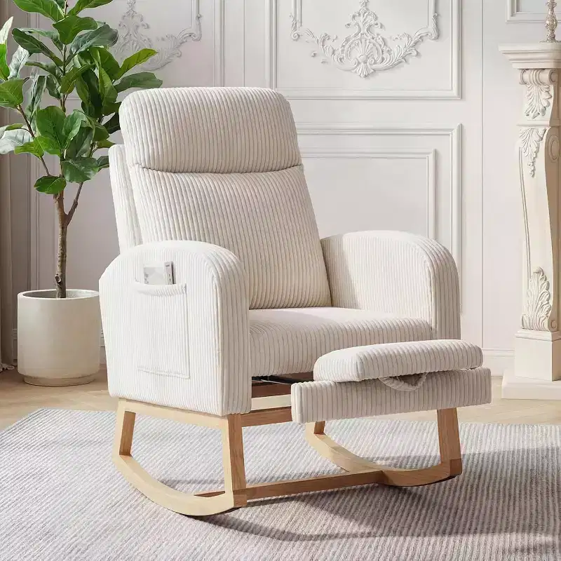 Modern Nursery Rocking Chair, Corduroy Upholstered Glider with Adjustable Footrest & Side Pocket for Living Room Bedroom Nursing Room, Beige