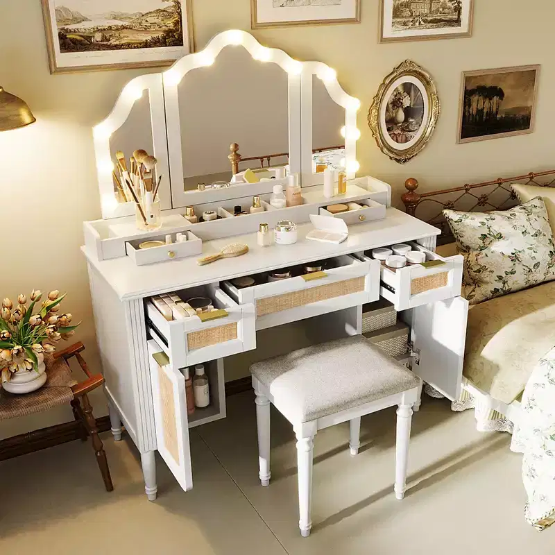 GDFStudio Lillian Boho Modern Wood Makeup Vanity Table with Tri-Fold Mirror, 13-Light Bulbs, 5 Drawers and Charging Station
