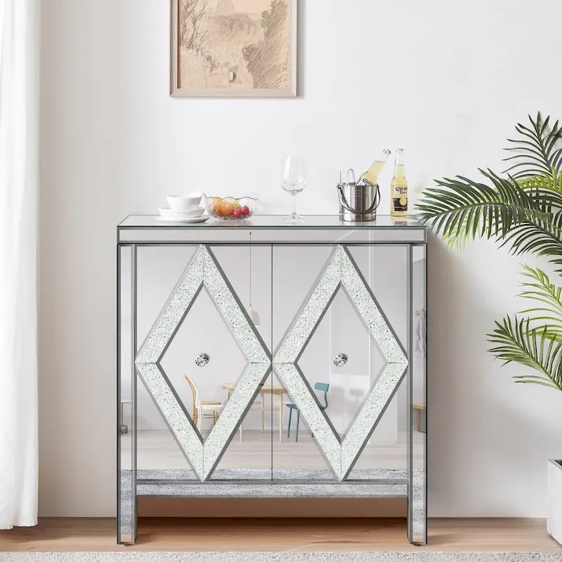 Silver/Grey 2-Door Storage Cabinet – Mirror Trim, Diamond Design