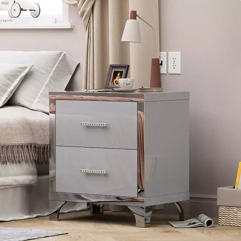 High Gloss Mirrored Sleek Modern 2 Drawer with Mirrored Accent Nightstand for Bedroom Living Room