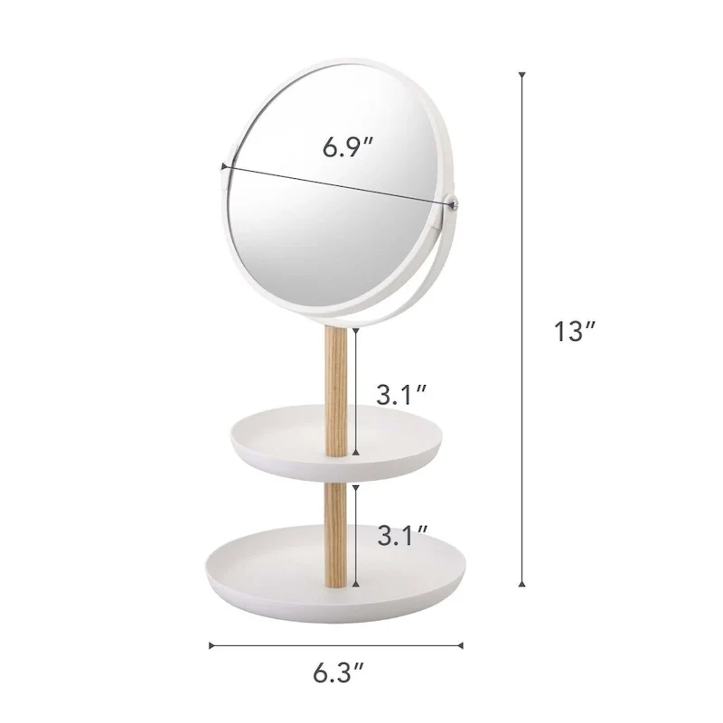 Two-Tier Jewelry Tray With Mirror, Steel and Wood, Mirror diameter 5.9 inches, Holds 4.4 lbs