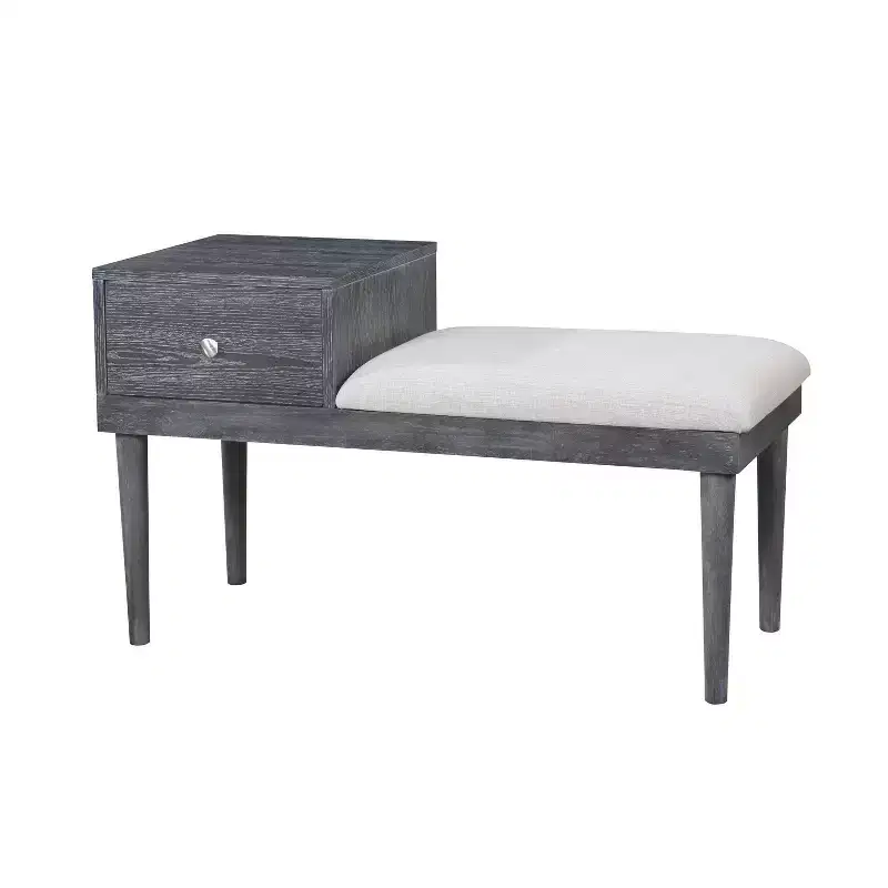 HOMES: Inside + Out Mid Century Modern Storage Bench Weathered Gray: Upholstered, Padded Seat, Wood Legs