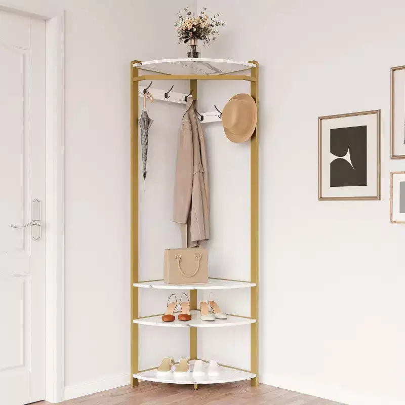 Corner Entryway Organizer, 6 Double Hook Coat Rack with Storage Bench, Space-Efficient Hall Tree for Small Homes & Apartments