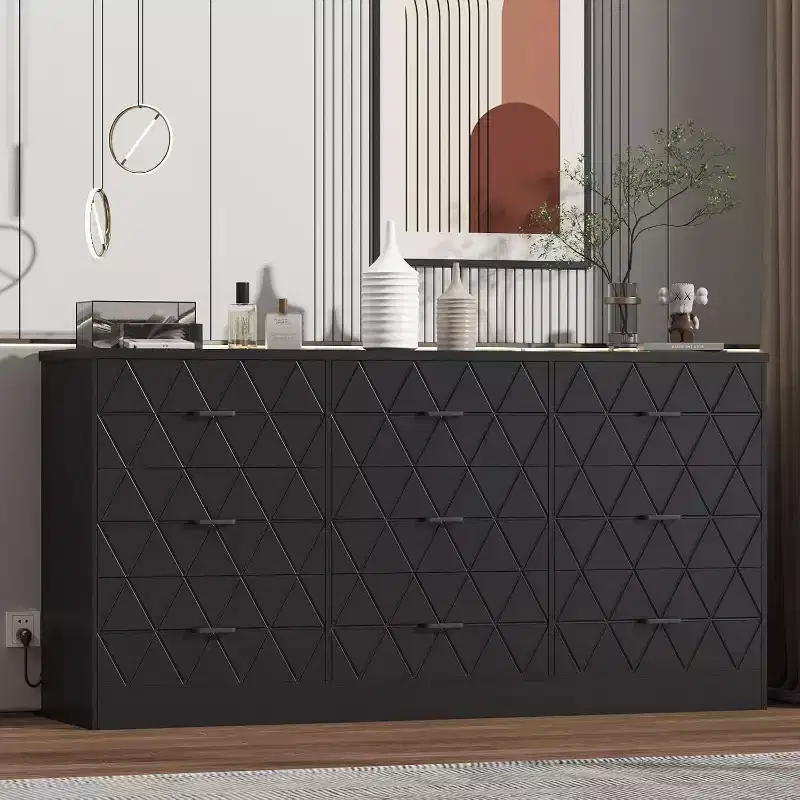 63'' Wooden Dresser for Bedroom with USB Power Outlet, Modern Large Chest of Drawers, Storage Organizer for Living Room, Closet, Hallway, or Office