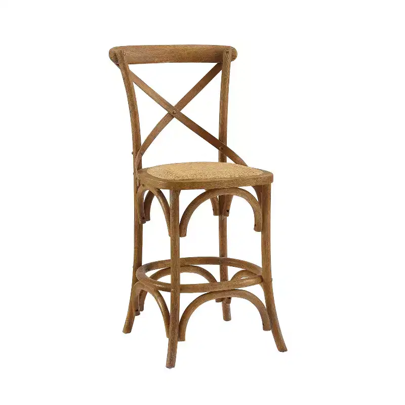 Gray Wash Elm Wood Counter Stool French Country X-Back Upholstered